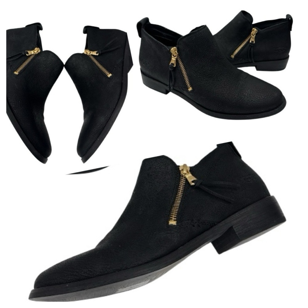UGG Glee Womens Black Leather Ankle Boots Gold Zipper Booties Block Heel Size 8